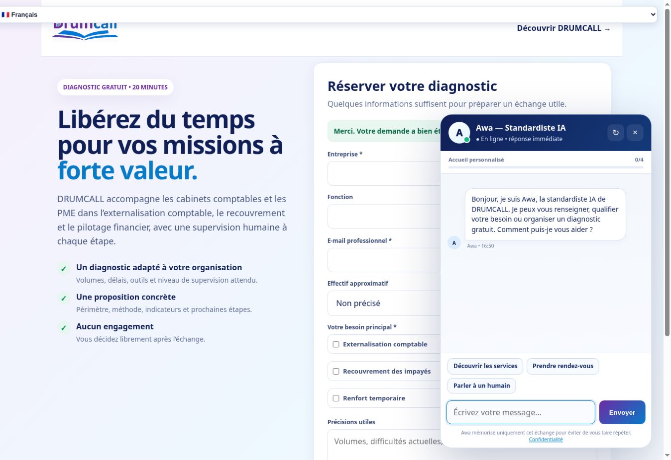 Capture du portail diagnostic avec Awa