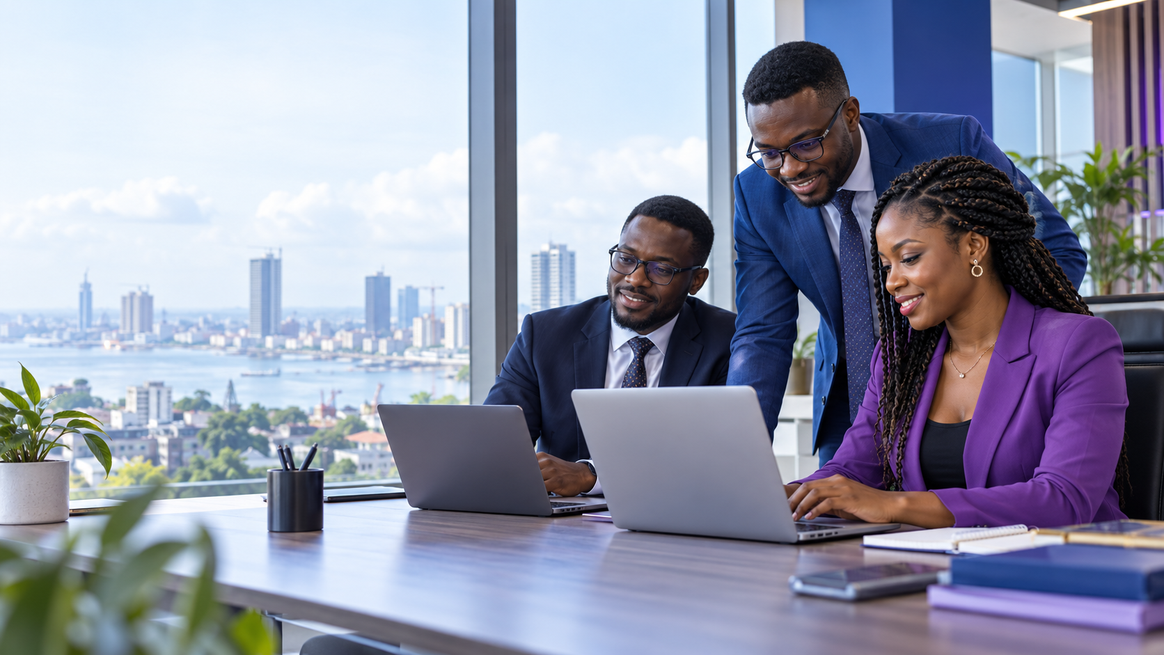 Illustration d’une équipe financière africaine réunie dans un bureau lumineux